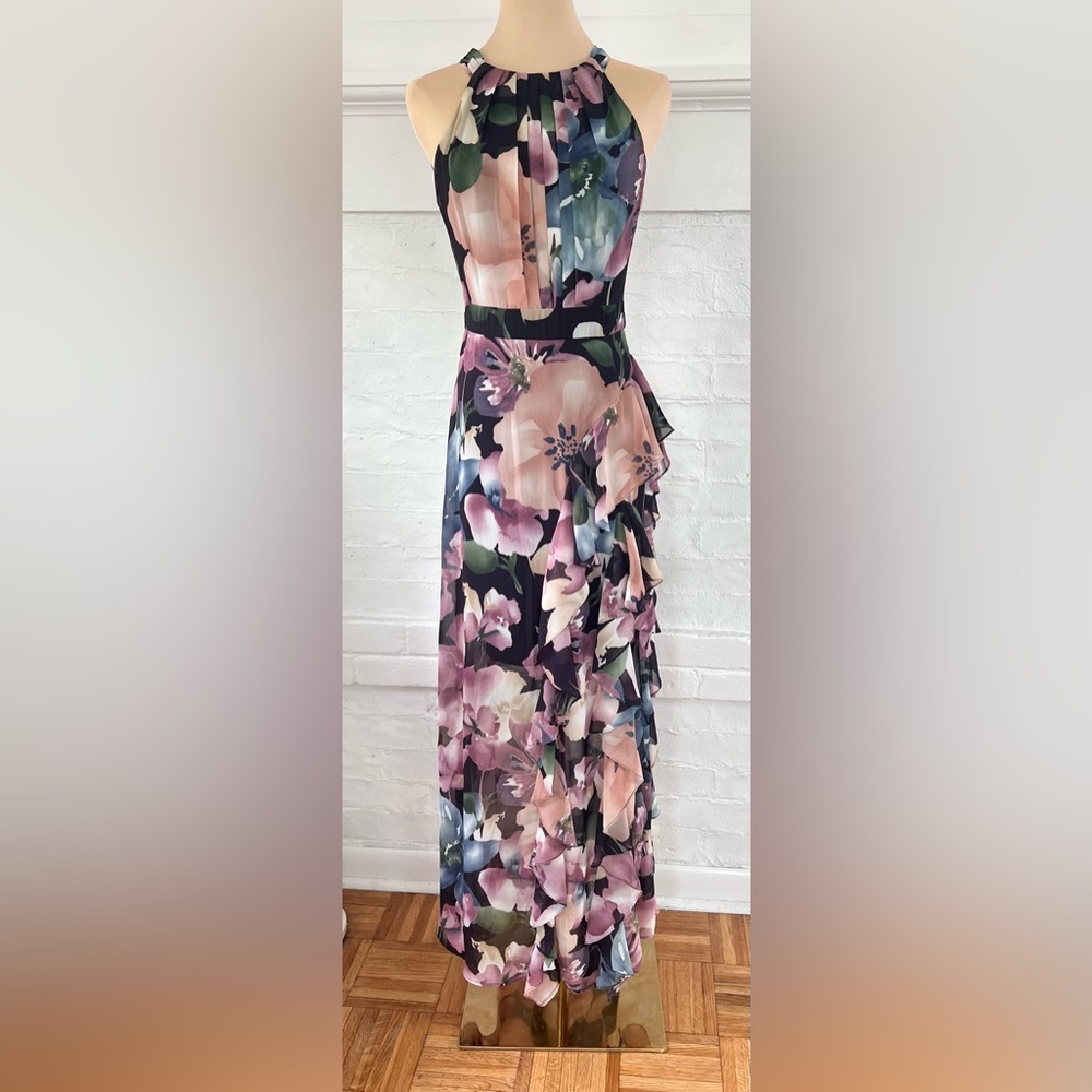Betsy and Adam Floral Ruffle Slit Chiffon Halter Gown In Wine Rose Chiffon Maxi - Picture 4 of 16